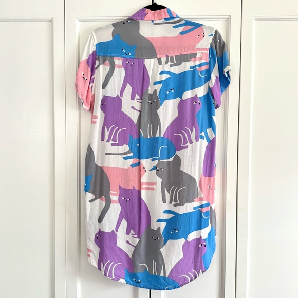 Pastel Cat Print Short Sleeve Collared Button Down Tunic/Shirt Dress Sz. S - Picture 2 of 12